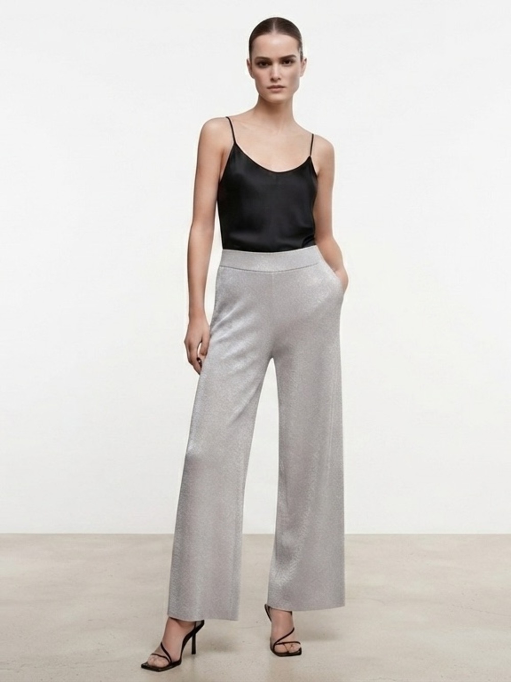 ZARA Metallic Wide Leg Knit Pants Silver Shimmer Trousers Size Large NWT